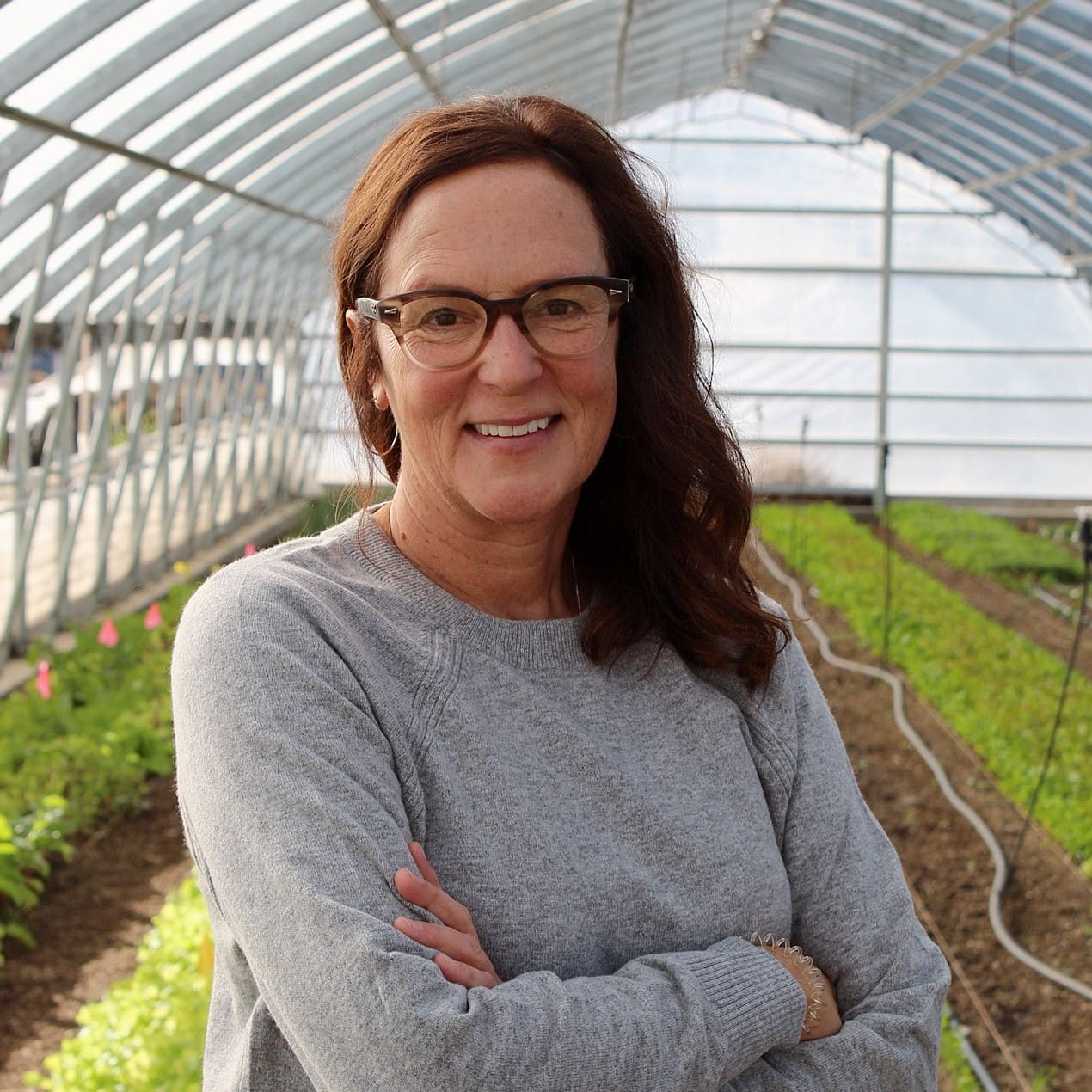Jill Moe in a high tunnel structure.
