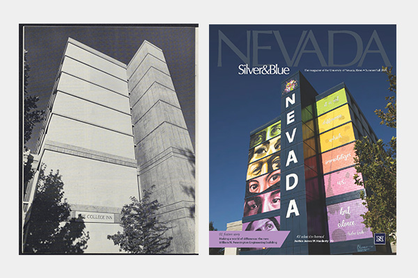 Side-by-side comparison of two &ldquo;Nevada Silver & Blue&rdquo; magazine covers: an older black-and-white cover featuring a tall campus building labeled &ldquo;College Inn,&rdquo; and a modern color cover showing a building with a vertical &ldquo;NEVADA&rdquo; sign and multicolored panels.