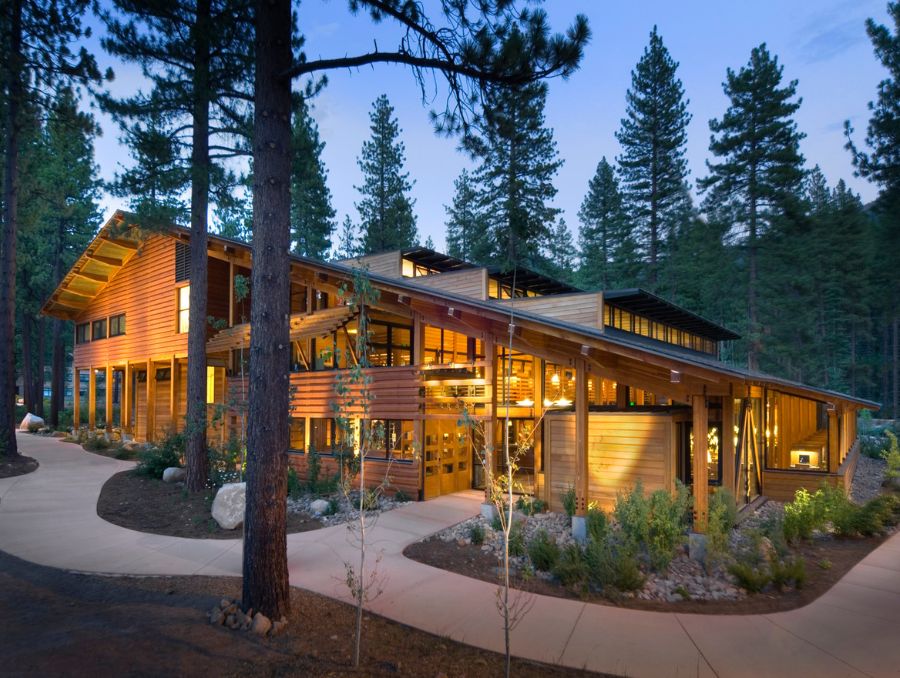 Lake Tahoe campus at dusk.
