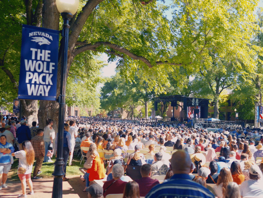 A crowd of people at commencement on the University quad.