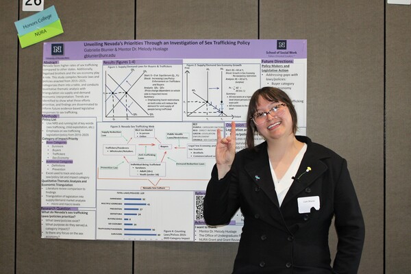 female student in a blazer and glasses stands in front of a research poster making a hand sign for a wolf. 