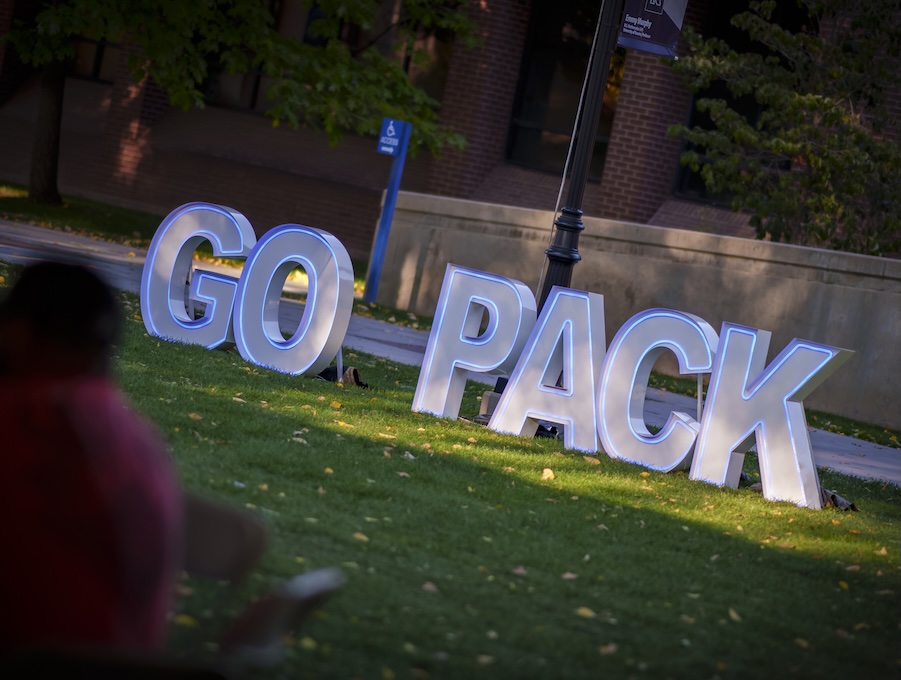 Yard sign in the evening on campus that reads "Go Pack."