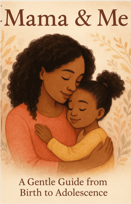 Luka's booklet cover featuring a mother holding a child with the words "Mana & Me. A Gentle Guide from Birth to Adolescence."
