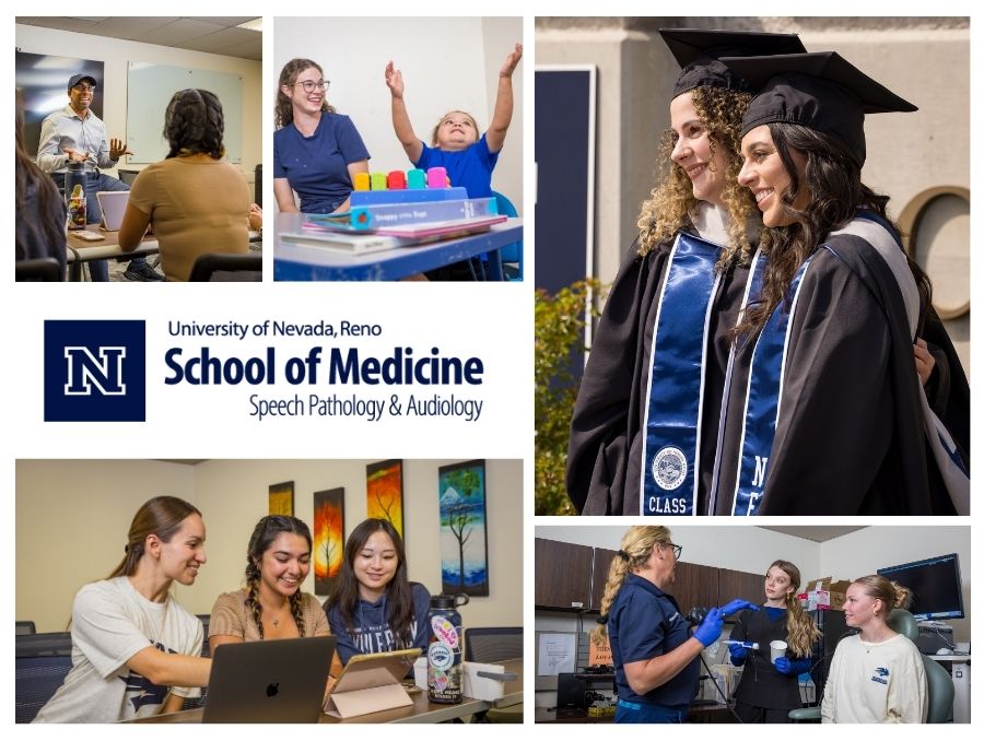 An image collage with UNR Med's speech pathology and audiology logo.