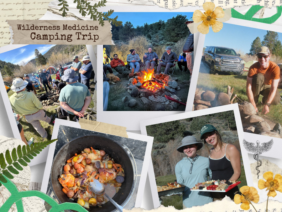 A scrapbook collage of photos taken at the Wilderness Medicine Elective camping trip. Students are sitting around a fire, roasting food, and making charcuterie boards.