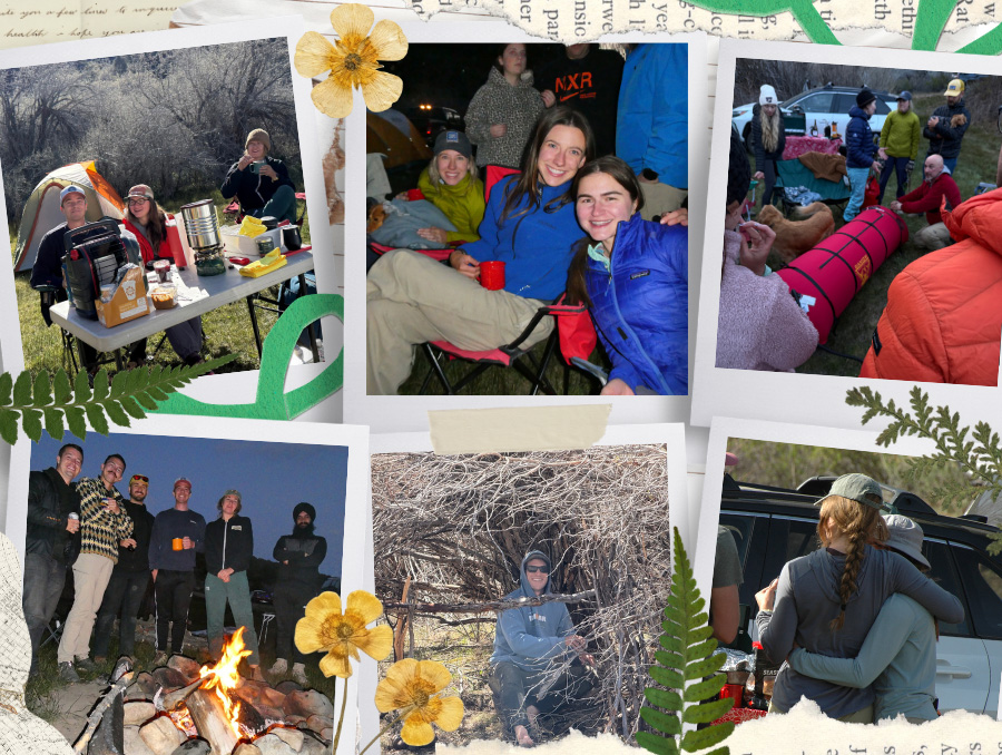 A scrapbook collage of photos showing students learning key wilderness medicine skills, sitting by a fire, and making breakfast.