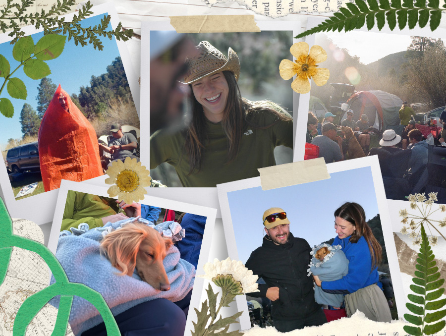 A scrapbook collage of photos showing medical students at the Wilderness Medicine Elective camping trip. Photos include one of the student's dogs who joined in on the fun, lectures in the wilderness, and a faculty member showing students how to stay warm.