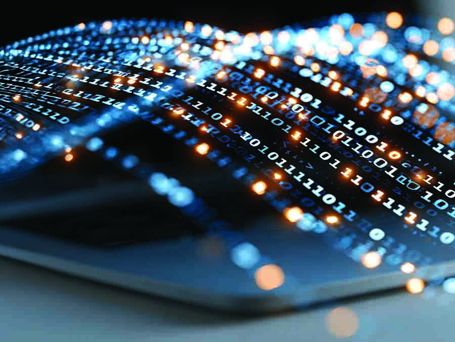 A close-up illustration of glowing binary code and data streams flowing across a digital surface, symbolizing cybersecurity, data protection, and network technology.