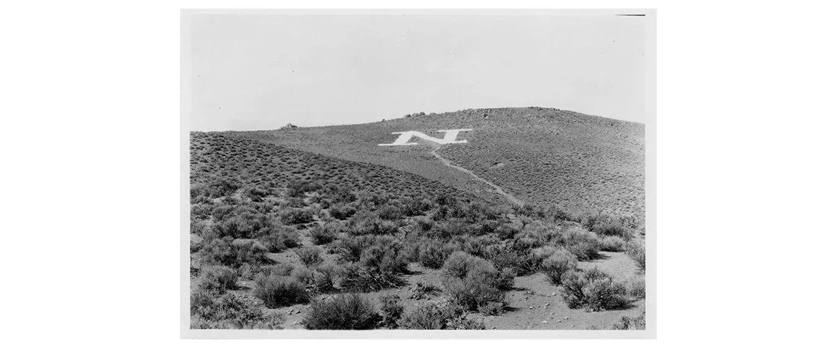 Peavine Peak in black and white with the rocks painted in the shape of an N.