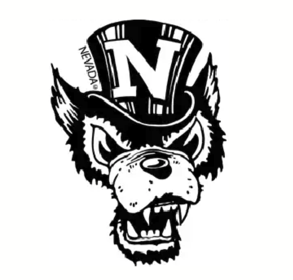 A cartoon wolf head, snarling and smiling with an open mouth and lots of teeth, wearing a top hat that has an N on it. Along the left edge of the top had it reads "Nevada."