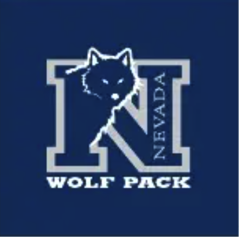 A N logo in blue with a Nevada Wolf coming out of it, reading "Nevada" along the right hand edge of the N and written underneath is "Wolf Pack."