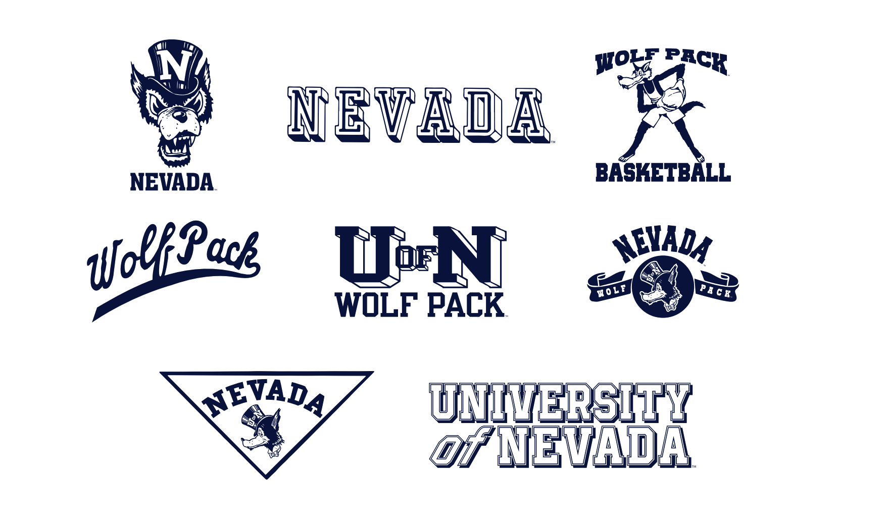 8 vintage marks including a top hat wolf, the word Nevada spread out and stylized, a cartoon caricature of a silly wold holding a basketball that reads "Wolf Pack Basketball," a cursive word mark reading "Wolf Pack", a stylized wordmark reading "U of N Wolf Pack," a logo featuing a silly wolf head, wearing a U of N hot hat from the side, with the words "Nevada Wolf Pack," that same side view of the silly wolf in the hat with the word "Nevada" in an upside down triangle, and finally a stylized word mark reading "University of Nevada."