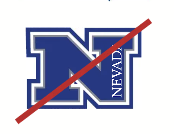 A stylized N logo with the word "Nevada" written vertically along the inside edge all the way to the right hand side of the N. The entire image has a red stripe across it.