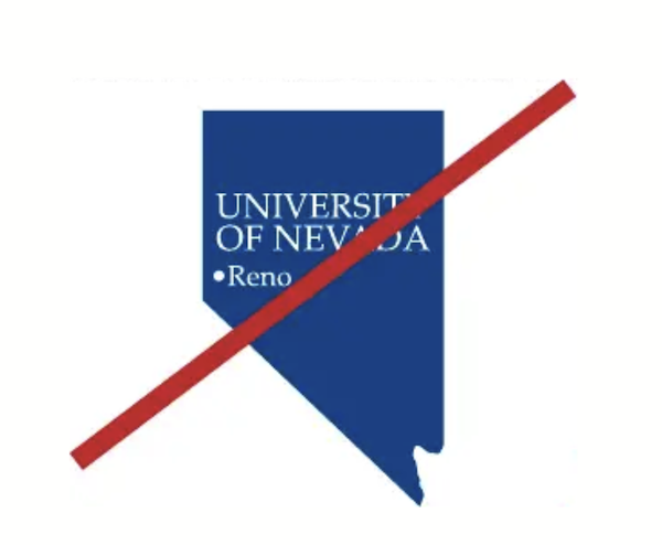 A logo in the shape of Nevada with "University of Nevada" written on it along with a dot where Reno is located with the word "Reno" on it. A red stripe goes across the entire image.