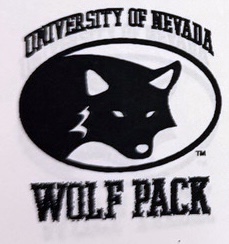 The Sport Wolf, which is a rudimentary outline of a wolf with its head down in a horizontal oval. Around it above reads "University of Nevada" and below "Wolf Pack."