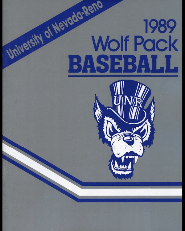 A baseball program cover featuing the top hat wolf, smiling and snarling with the letters "UNR" on the hat.
