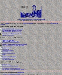 A screenshot of a webpage from the University's early site showing small, unreadable font in electric blue.