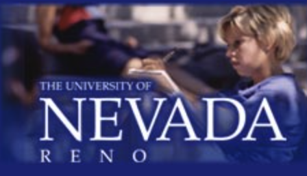 A portion of the website featuing a color photo of a student in the background along with the stylized word mark now emphasizing the word Nevada in "The University of NEVADA Reno."