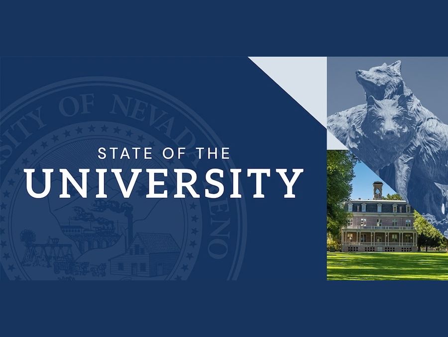 Collage with the University seal, a statue of three wolves, and the University's quad showing Morrill Hall along with the words "State of the University."