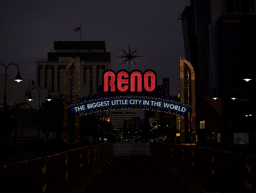 Reno arch at night.