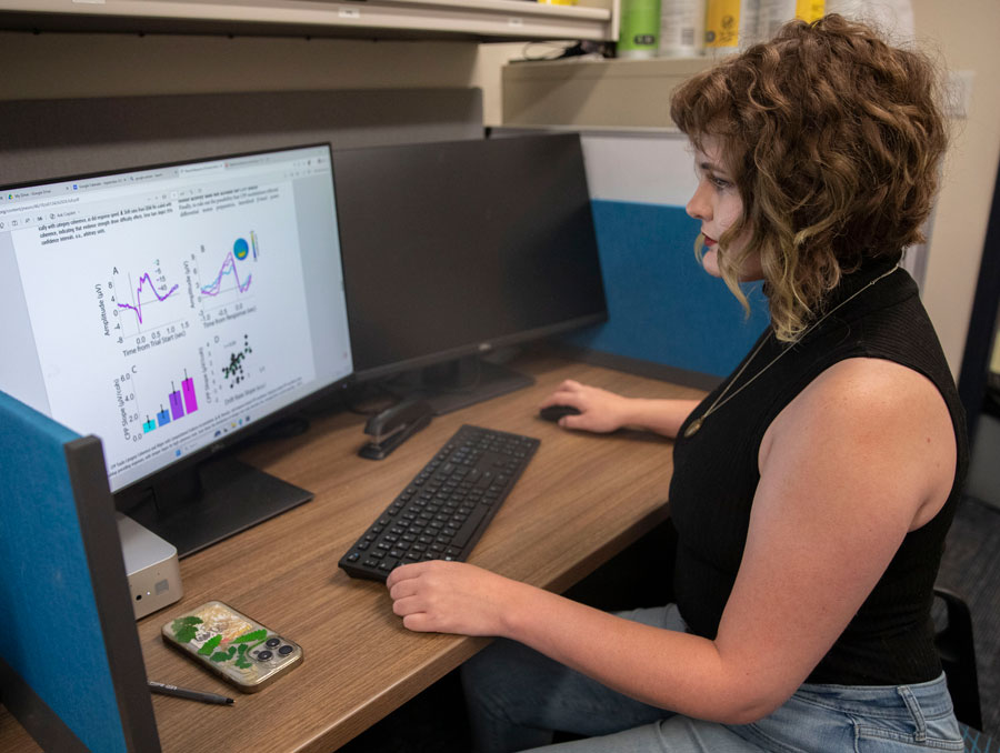 A person seated in front of a computer looking at figures in a research article.