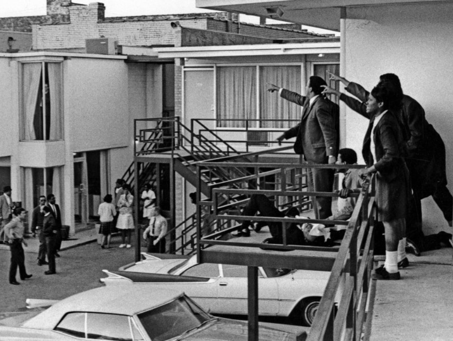 The Rev. Dr. Martin Luther King Jr. lies on the balcony of the Lorraine Motel in Memphis on April 4, 1968, moments after he was shot. Kneeling beside him is Marrell McCollough.