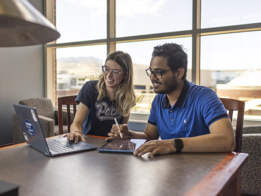 Two students studying on laptop together.