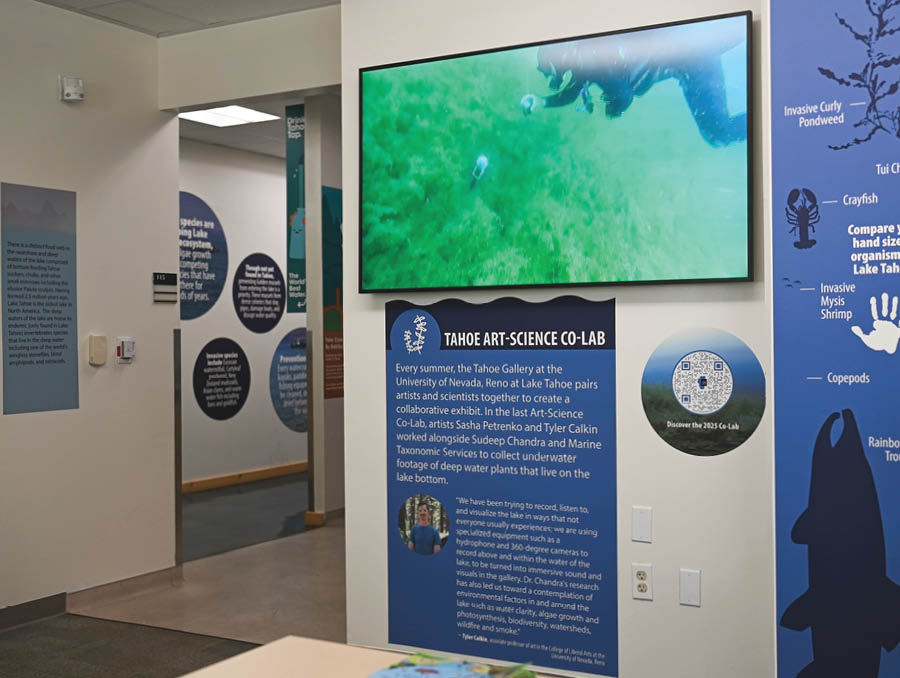 A view from inside an exhibit with a video screen showing a scuba diver in Lake Tahoe.