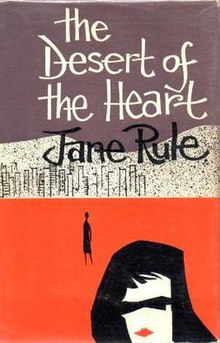 The Desert of the Heart book cover written by Jane Rule. Cover art shows an illustration of a woman in sunglasses with a silhouette of a person behind her and the city skyline in the background. 