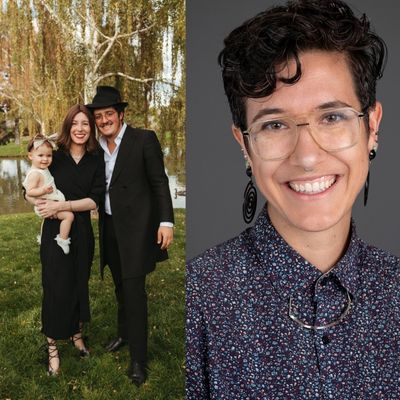 Side by side: The Libersohns, Rochel and Rabbi Dani, post with their child outdoors and Anza Jarschke's headshot.
