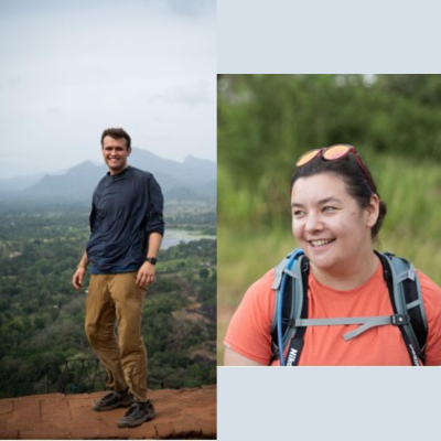 Side by side images of Sebastian Krueger standing atop a mountain and Megan Schwartz smiling in a field.