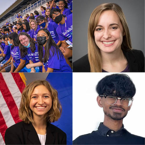 Photo collage with students wearing purple NevadaFIT t-shirts in the top left, Felicia Dewald headshot in the top right, Erin Shaffer headshot bottom left, Esham Mahmud headshot bottom right