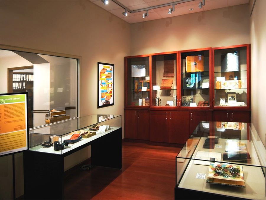 Exhibit with display cases inside Special Collections 