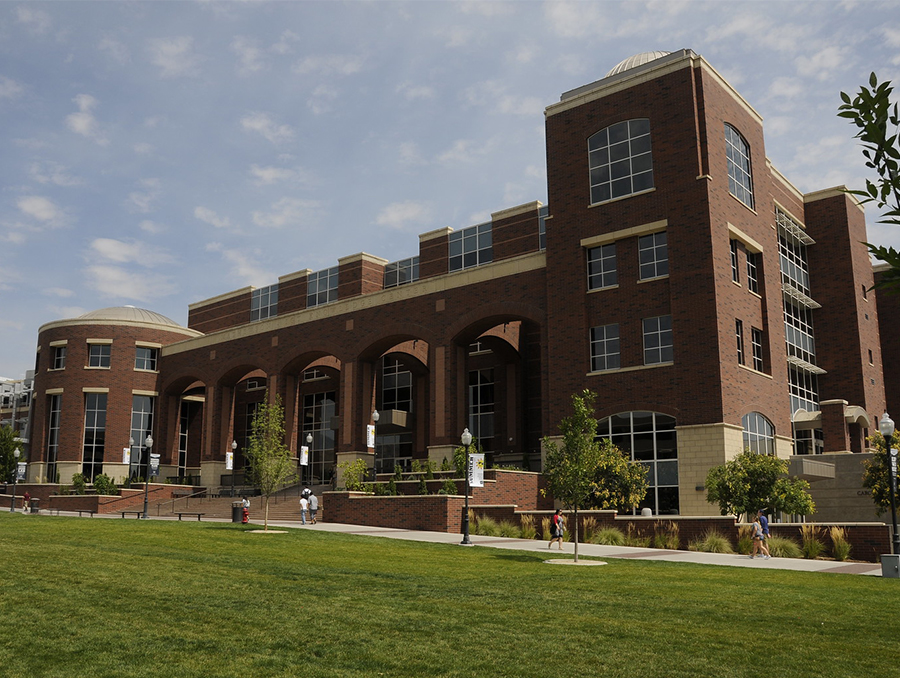 Frontal view of the Mathewson-IGT Knowledge Center building at the University of Nevada, Reno. 