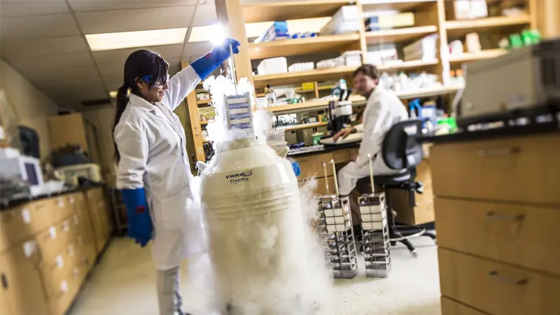 A person wearing laboratory protective equipment and gloves pulls a sample from a container with white smoke coming out while another person seated and wearing protective equipment looks on.