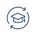 A blue icon of a circle made of arrows pointing in the opposite direction with a mortar board icon in the center of the circle.