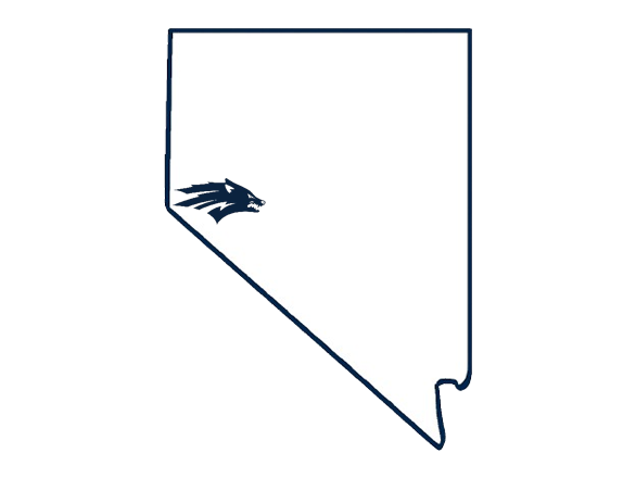 A blue outline of the state of Nevada with a Sport Wolf logo located where Reno-Tahoe is situated in the state.