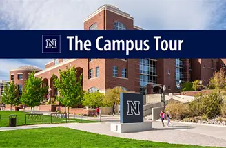 The Mathewson-IGT Knowledge Center on the University of Nevada, Reno campus, with a Block N statue in front of the building and the words "The Campus Tour" in a blue ribbon across the top of the image and the University logo next to the words.