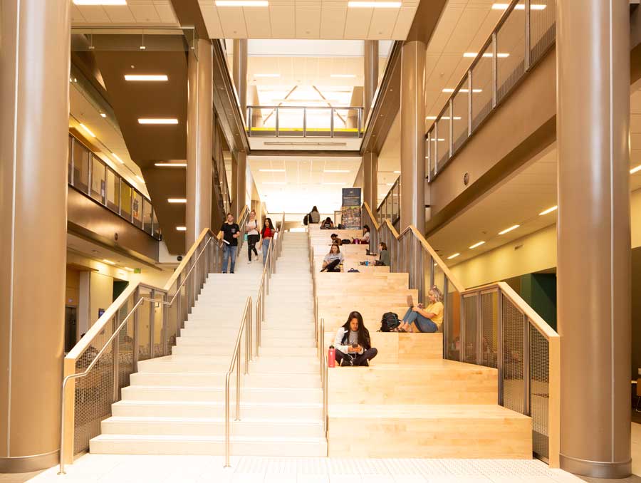 Students studying on the stairs inside the Pennington Student Achievement Center
