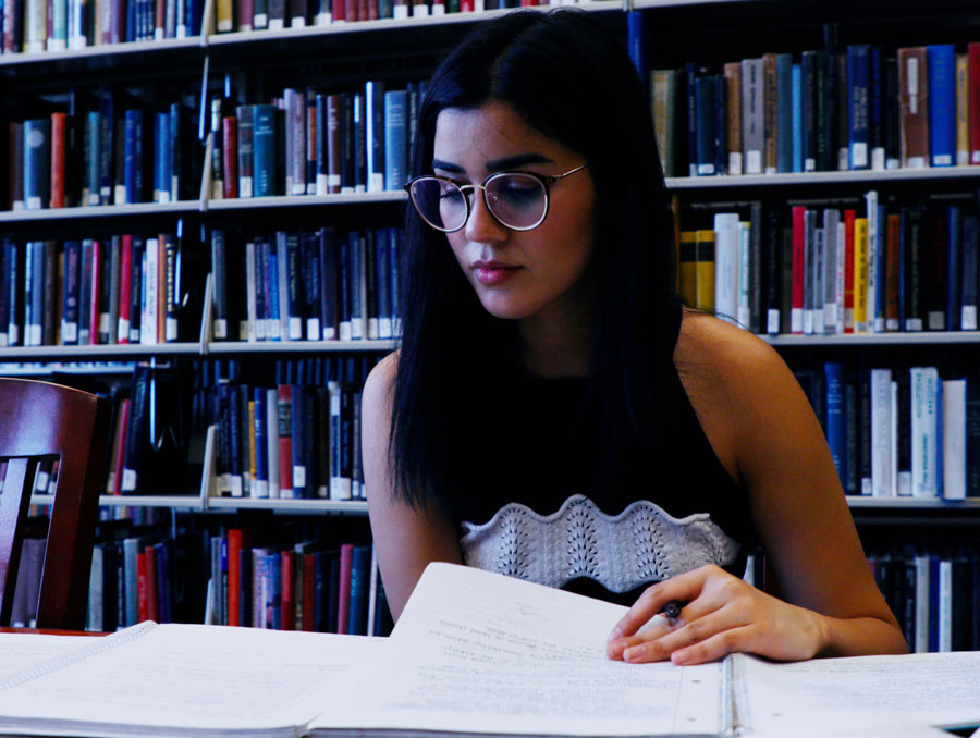 A student studying in the library, with notebooks spread out on a table