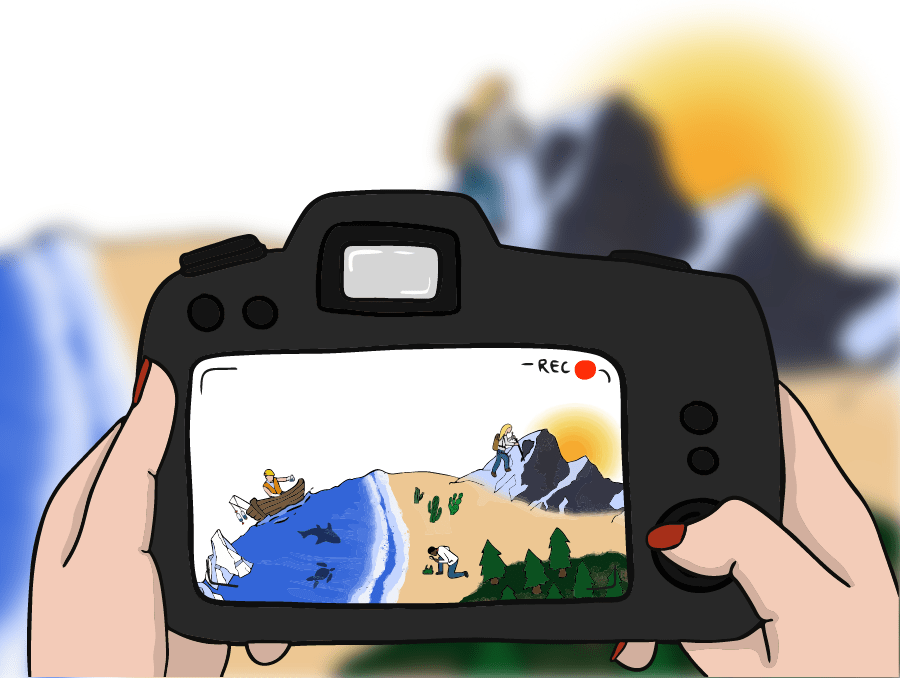 An illustration of a pair of hands holding a camera, with a landscape visible through the viewfinder that includes a boater in an ocean with sharks and turtles, a hiker in mountains, a desert, and a forest. 