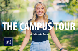 Blanka Buzas poses for a photo in front of Manzanita Lake, with the words "The Campus Tour" and her name superimposed on the image and the University's logo in the bottom left corner.