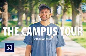 Edwin Hanna poses for a picture on the University of Nevada, Reno quad, with the words "The Campus Tour", his name and the University's block N logo superimposed on the image.