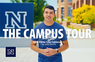 Victor Cruz-Calderon poses for a picture in front of a Block N statue with the words "The Campus Tour" and his name over his picture and the University's block N logo in the bottom left corner.
