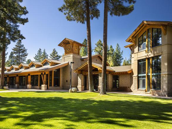 A building in the forest on the Lake Tahoe Prim campus.
