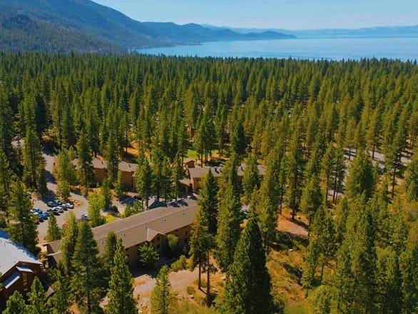 Aerial view of the University of Nevada, Reno at Lake Tahoe campus surrounded by dense pine forest, with Lake Tahoe’s deep blue waters stretching across the background.