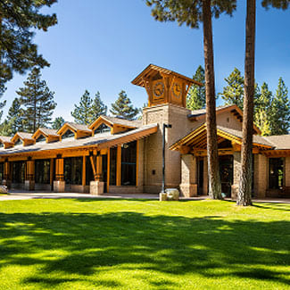 Patterson Hall at University of Nevada, Reno at Lake Tahoe, featuring rustic wood architecture, clock tower, and surrounded by tall pine trees on a sunny day.