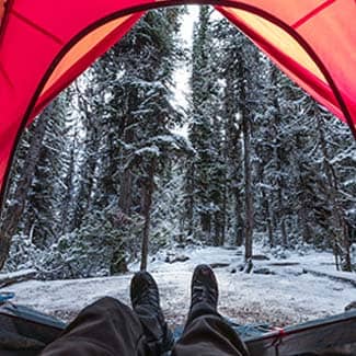 View from inside a red tent looking out toward pine trees and Lake Tahoe at sunrise.
