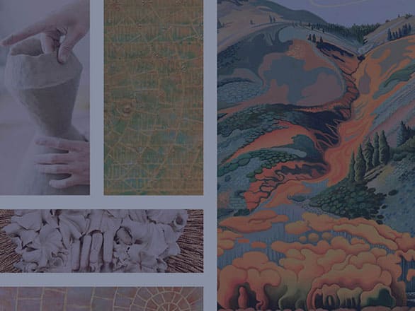 A collage of artwork featuring five distinct pieces. On the left, a close-up shows hands shaping a clay vessel on a pottery wheel. Below it, a textured relief sculpture with organic, folded forms is displayed. Two abstract paintings with intricate line patterns in muted tones occupy the center. On the right, a vibrant landscape painting depicts rolling hills in shades of orange, green, and blue, with flowing shapes suggesting vegetation and terrain.