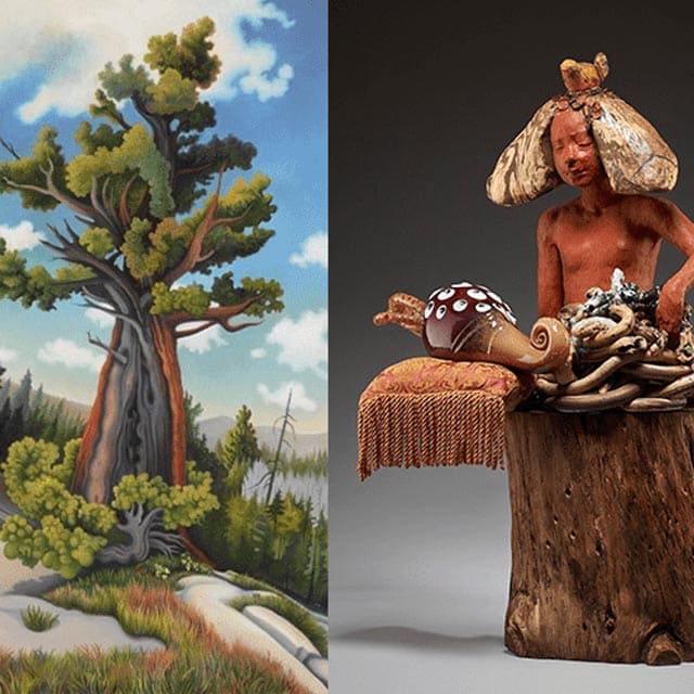 Split image showing two artworks: on the left, a colorful painting of a tall tree with green foliage, reddish-brown trunk, and snow patches at its base in a mountainous landscape; on the right, a mixed-media sculpture featuring a seated figure with a textured hat, surrounded by organic forms and objects, including a fringed cushion and a shell-like piece, all arranged on a wooden pedestal.